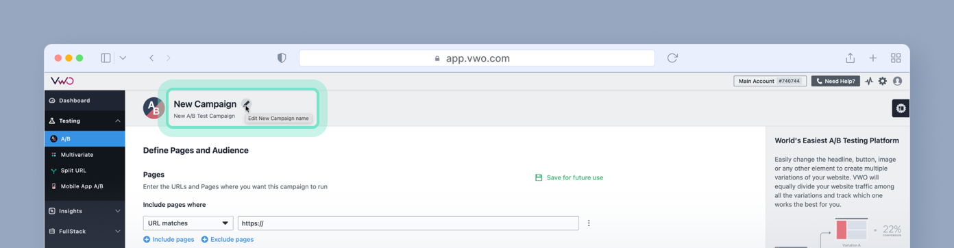 New Campaign section in a web application interface, with fields to define pages and audience for A/B testing, including a URL input box and options to include or exclude pages.