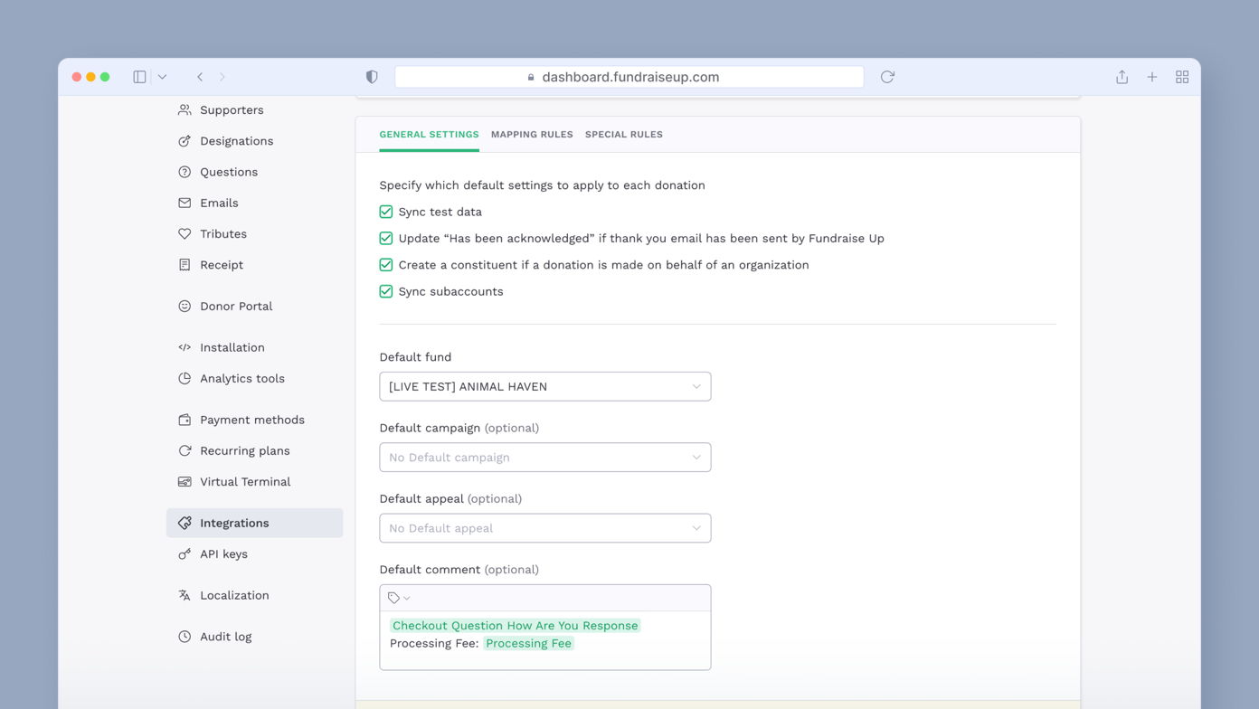 Dashboard settings for donation management, including options for syncing data, updating acknowledgment messages, and specifying default fund, campaign, appeal, and comment settings.