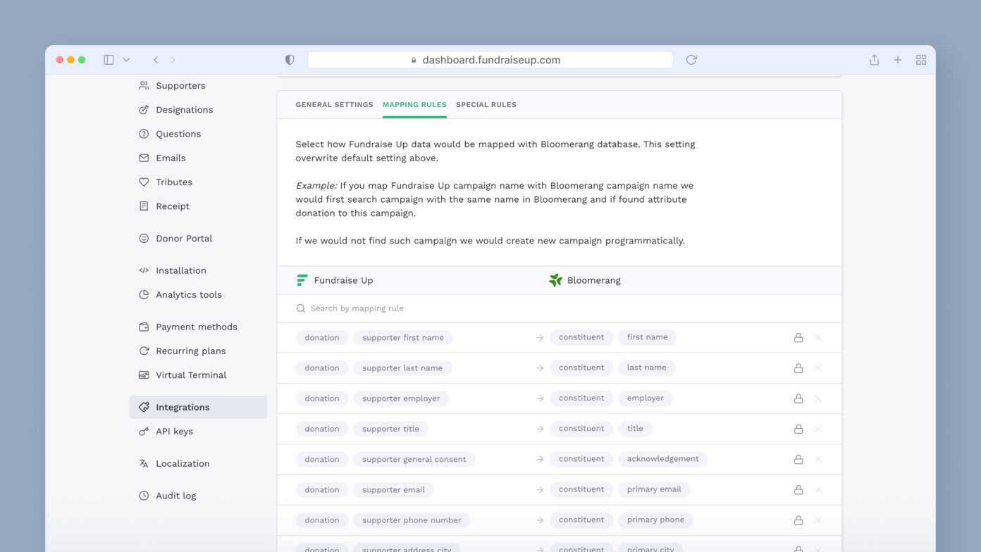 Dashboard interface displaying mapping rules for Fundraise Up data integration with Bloomerang, including settings for data fields like supporter names and donations.
