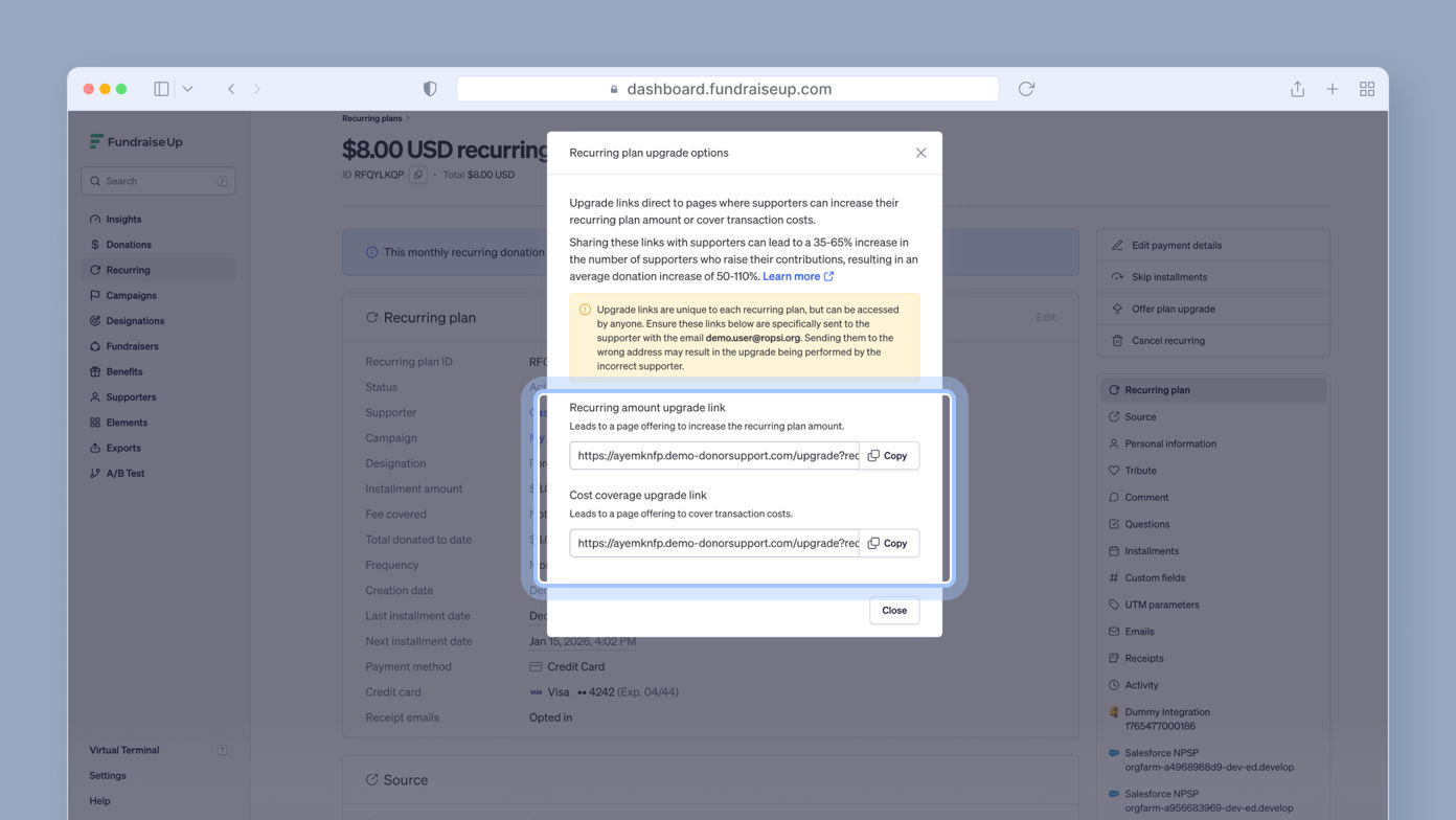Recurring plan upgrade options with links for increasing donation amounts and cover transaction costs. Two URLs are provided for users to copy. A close button is visible at the bottom.