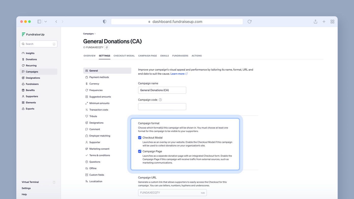 Settings page for a fundraising campaign titled 'General Donations (CA)' with options for campaign format, including 'Checkout Modal' and 'Campaign Page' highlighted.