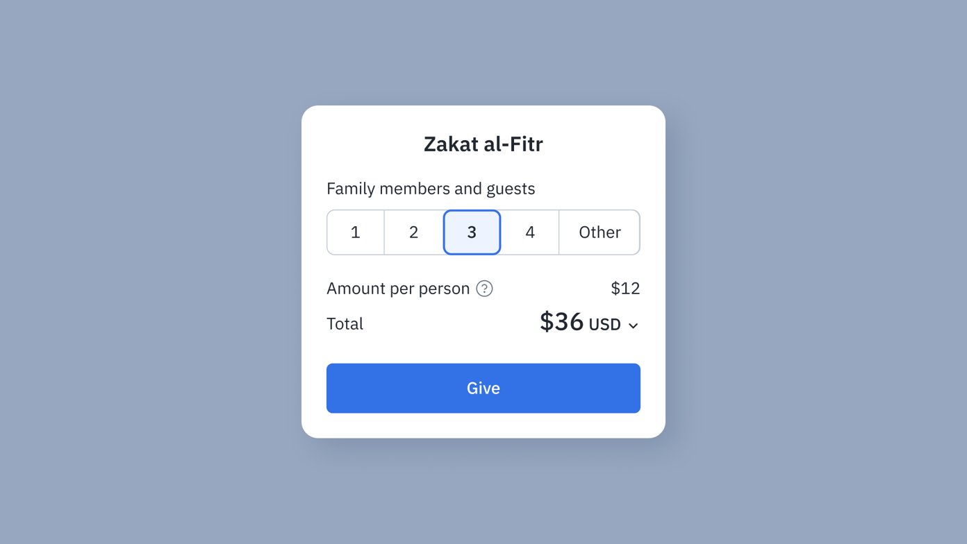 Zakat al-Fitr donation form with options for family members and guests (1, 2, 3, 4, Other), amount per person set at $12, total displayed as $36, and a blue "Give" button.