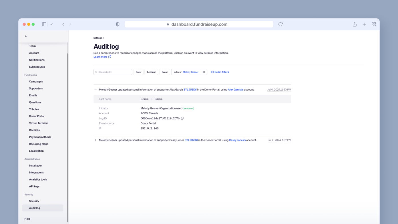 Audit log displaying changes made on the platform, including updates to personal information for supporters Alex Garcia and Casey Jones, along with details about the initiator and timestamps of the actions.