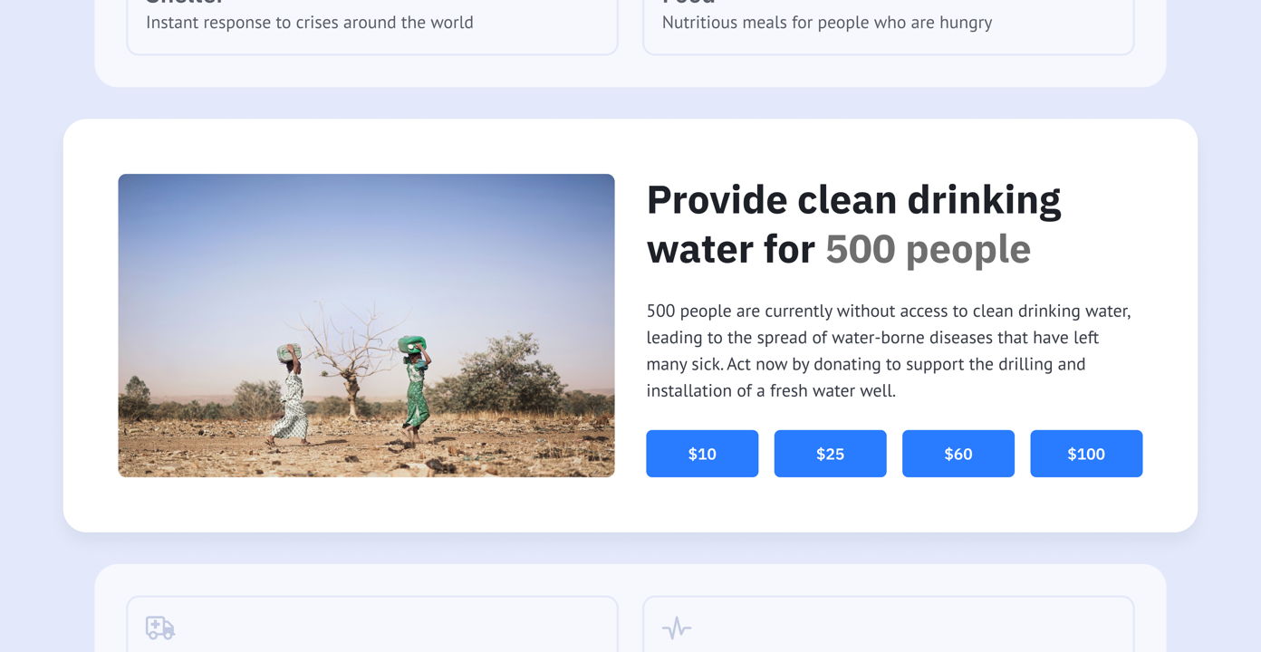 Two individuals in green and gray clothing stand in a dry landscape, raising their arms. Text highlights the need for clean drinking water for 500 people, with donation options of $10, $25, $60, and $100.