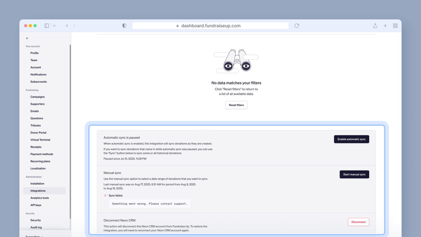 No data matches your filters. Options to enable automatic sync or start manual sync for donations. Instructions provided for syncing and troubleshooting.
