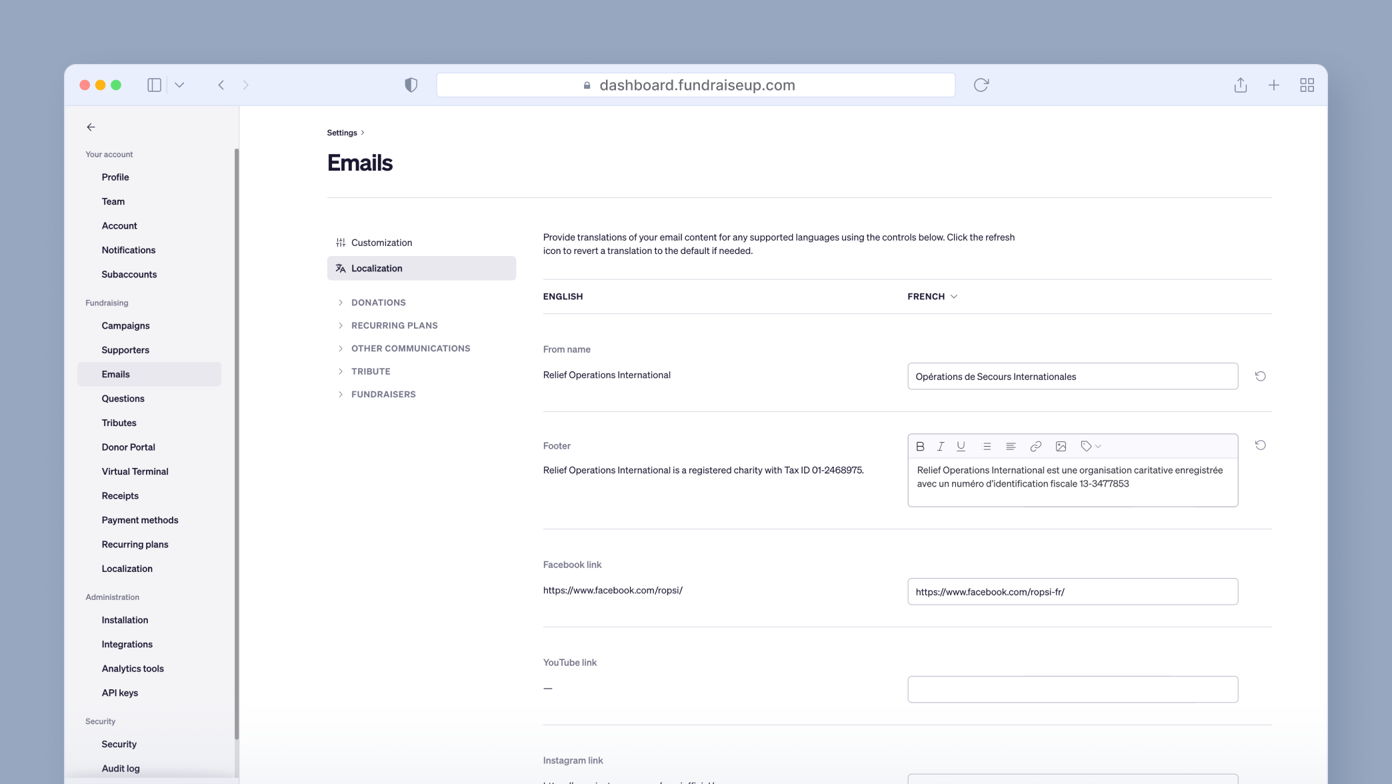 Settings page for email localization, displaying options for English and French translations, including sections for donations, recurring plans, and footer information with links to Facebook and YouTube.
