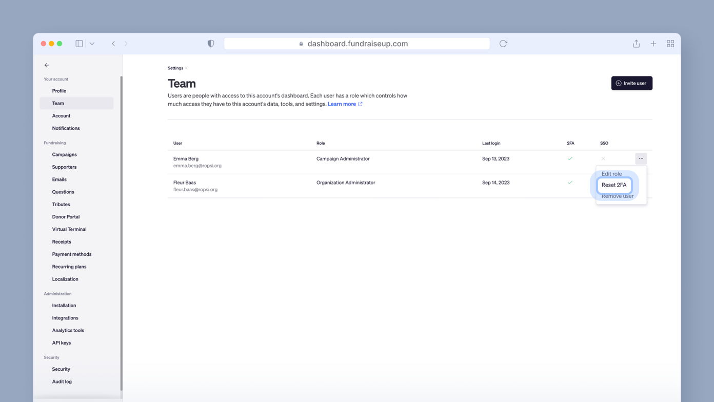 Team management dashboard displaying user roles, last login dates, and options to edit roles, reset two-factor authentication, or remove users. Users listed: Emma Berg (Campaign Administrator) and Fleur Baas (Organization Administrator).