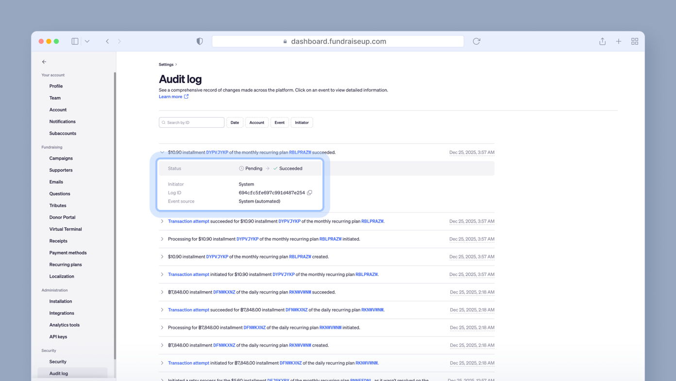 Audit log displaying system events, including a successful transaction for a $10.00 installment plan, with details on status, initiator, and event source. A list of recent actions is visible below.