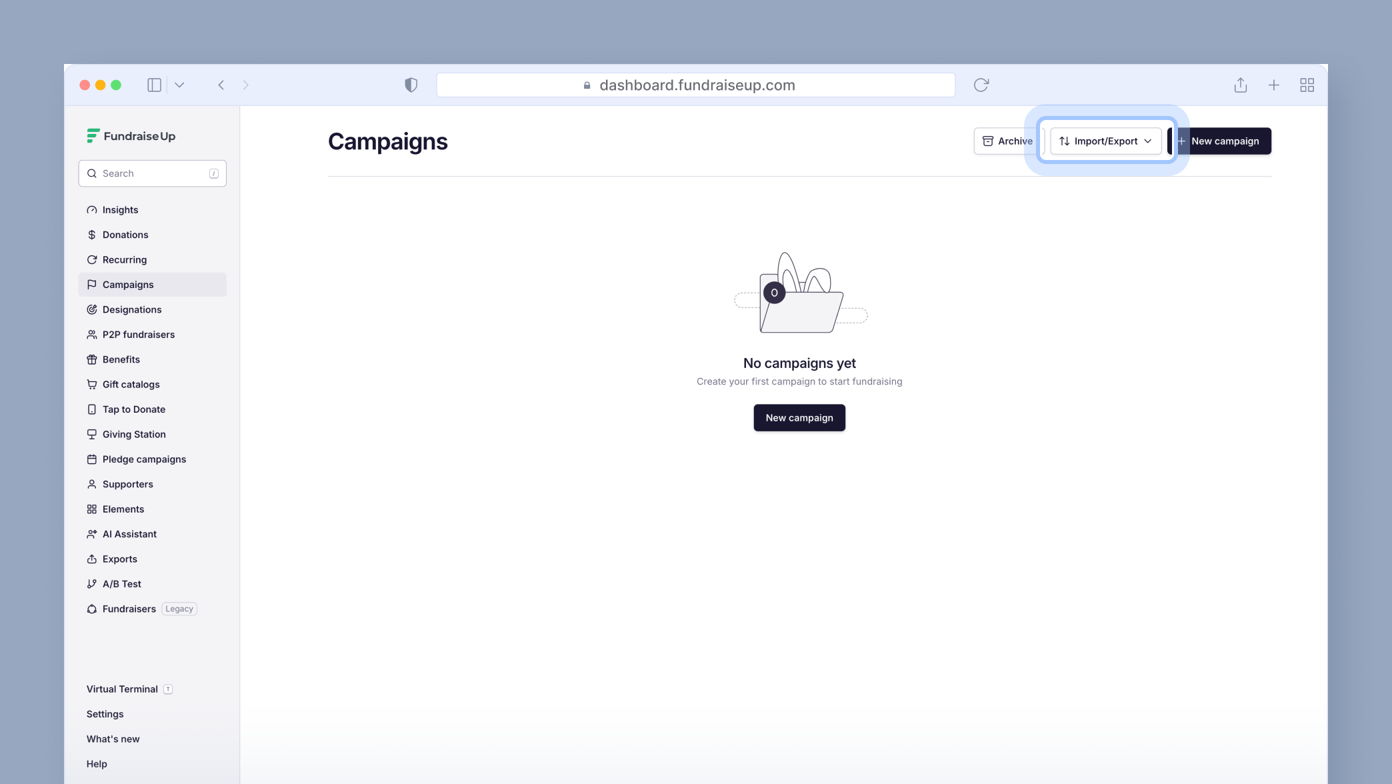 Campaigns dashboard displaying a message indicating no campaigns are present, with options to import/export and create a new campaign. Navigation menu on the left includes various fundraising-related categories.