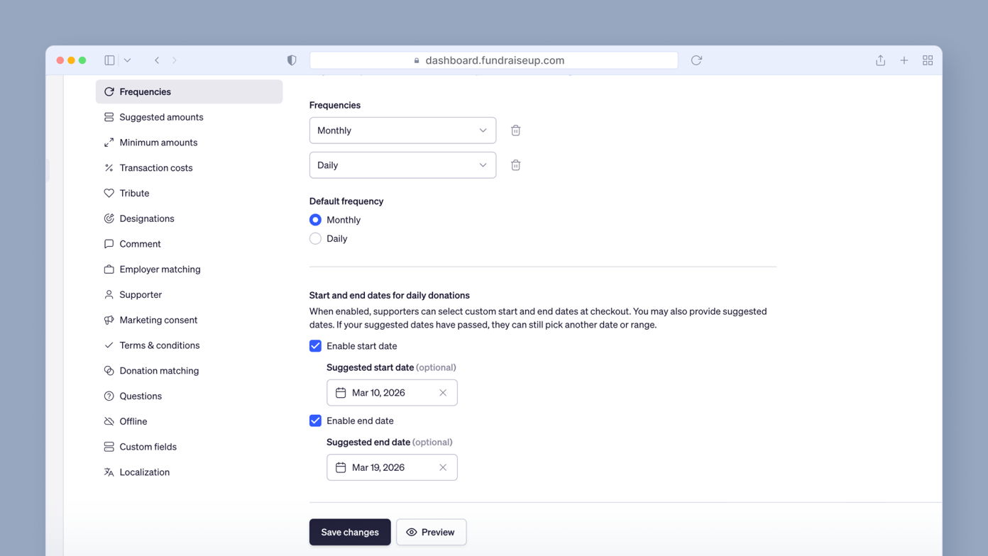 Donation frequency settings with options for monthly and daily frequencies, suggested amounts, and date selection for start and end dates for daily donations. Includes checkboxes for enabling end dates and buttons to save changes or preview.