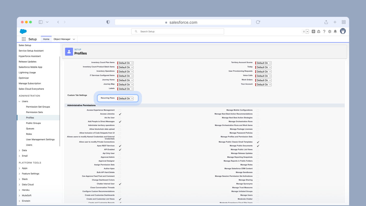 Profiles setup page in Salesforce, displaying various administrative permissions with options marked as "Default On" for several settings. The "Recurring Plans" section is highlighted.