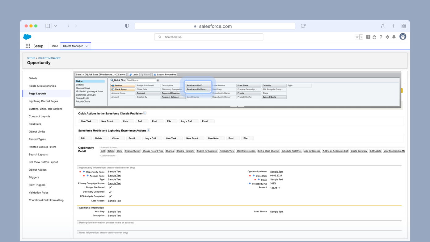 Salesforce Opportunity page layout displaying fields, quick actions, and related lists for managing sales opportunities. Key sections include details, actions, and opportunity information.