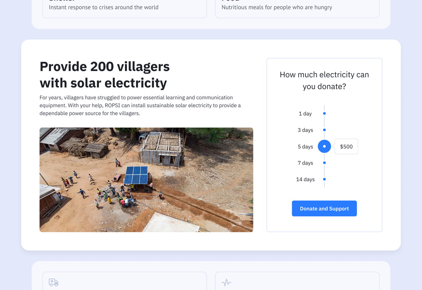 A group of villagers gathered around a solar panel setup in a rural area, with simple structures in the background. Text highlights a campaign to provide solar electricity to 200 villagers, alongside a donation slider for electricity contributions.