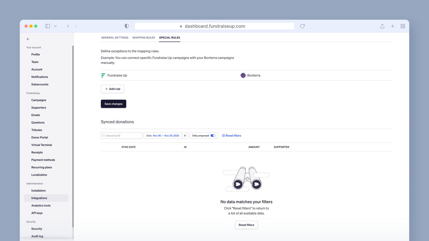 Dashboard section for managing special mapping rules for fundraising campaigns, featuring options to add rules and save changes. A message indicates no data matches the current filters applied.