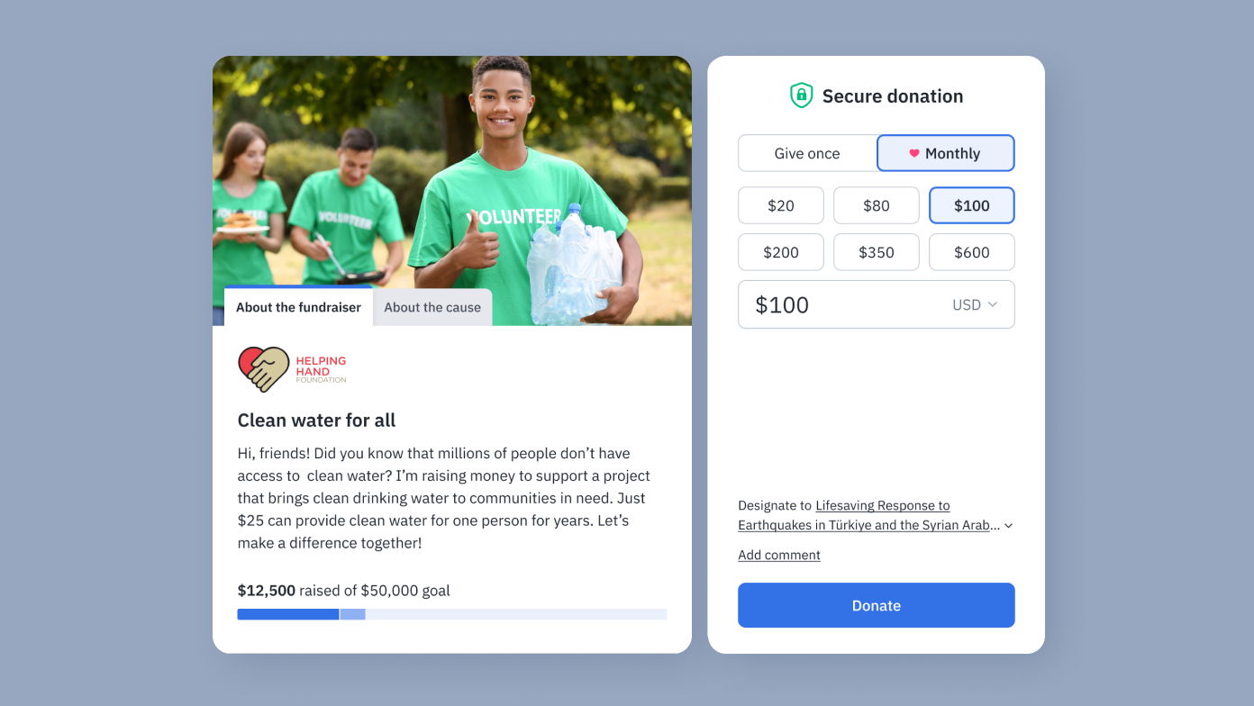 A young volunteer in a green shirt smiles while holding water bottles. The fundraising section highlights a goal of $50,000, with $12,500 raised so far. Donation options are presented for supporting clean water initiatives.