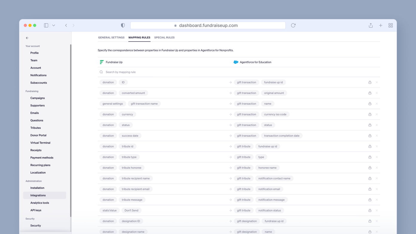Mapping rules interface for Fundraise Up, displaying a table that specifies the correspondence between properties in Fundraise Up and Agentware for Nonprofits, including fields like donation amount and transaction status.