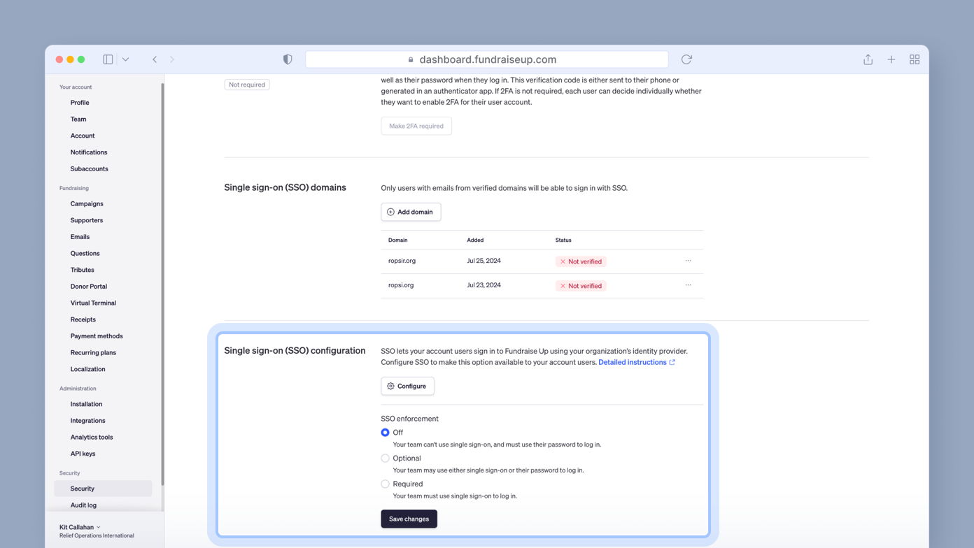 Single sign-on (SSO) configuration settings for Fundraise Up, showing options for enforcement and a list of domains with their status and added dates. Includes buttons for configuring settings and saving changes.