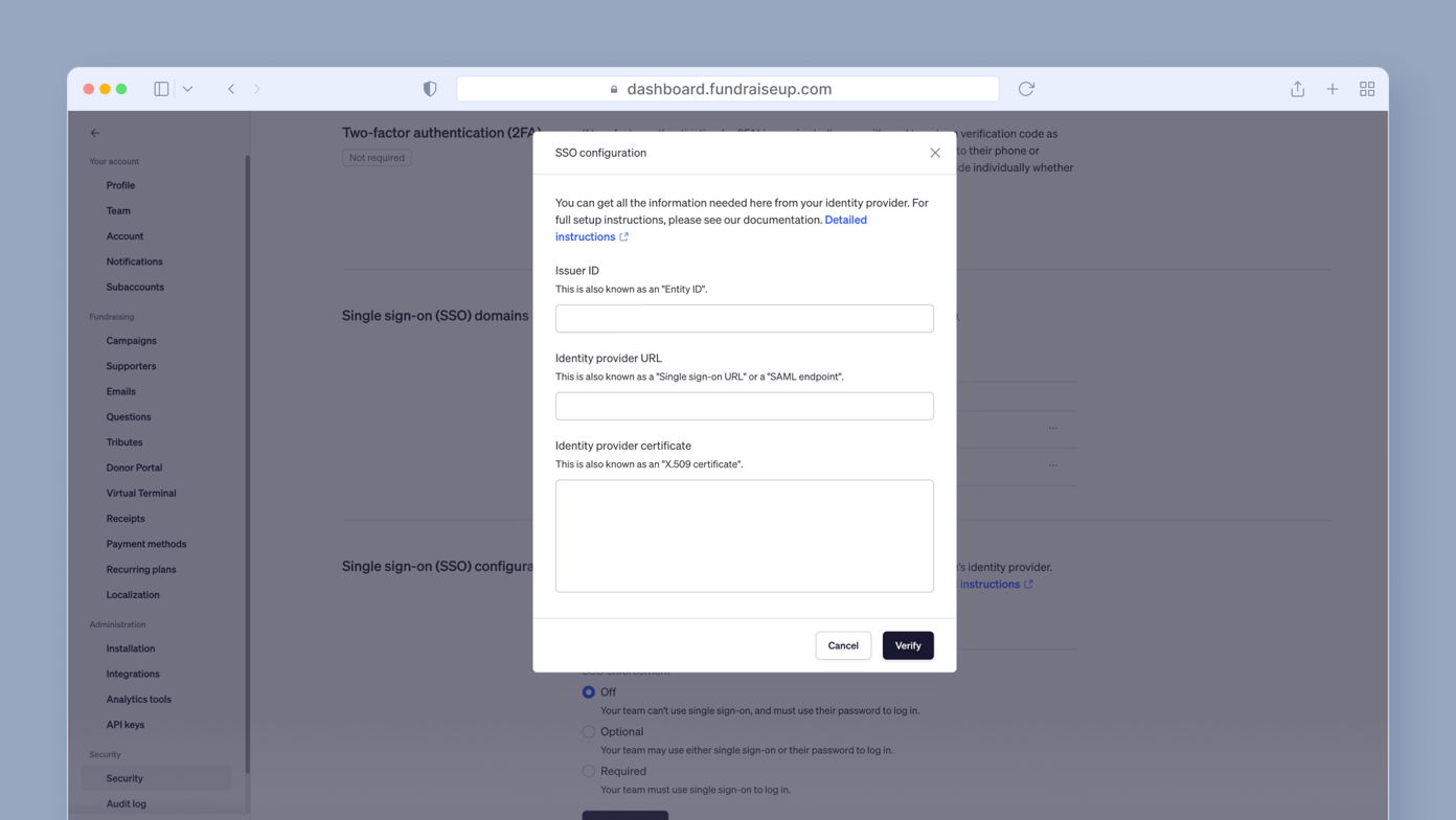 SSO configuration modal with fields for Issuer ID, Identity provider URL, and Identity provider certificate, along with a "Verify" button and cancel option. Instructions for obtaining information are provided.