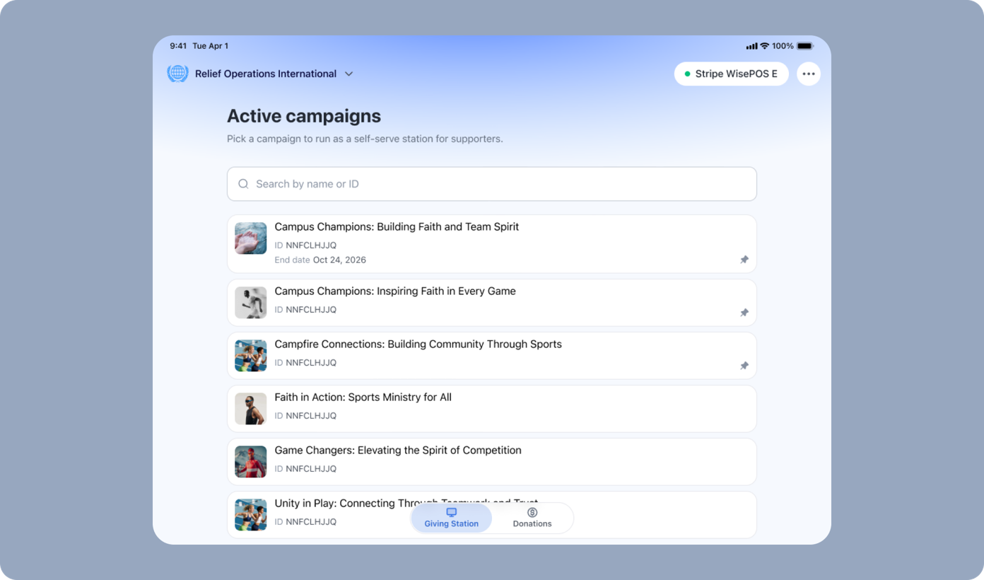 Active campaigns list for Relief Operations International, featuring options like "Campus Champions: Building Faith and Team Spirit" and "Game Changers: Elevating the Spirit of Competition." Includes a search bar for campaign selection.