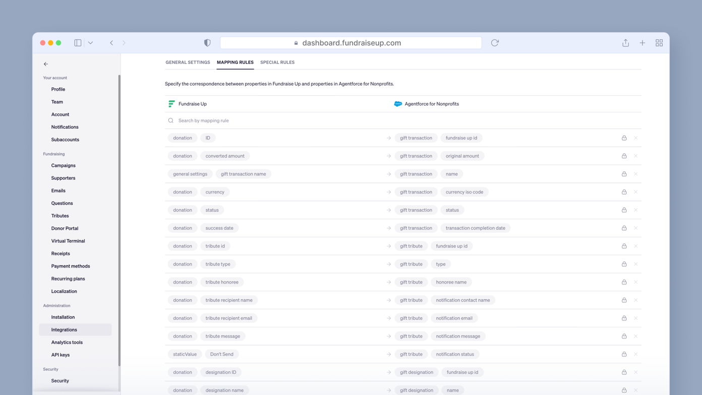Mapping rules interface for Fundraise Up and AgentForce for Nonprofits, displaying a table that specifies the correspondence between properties in both systems.