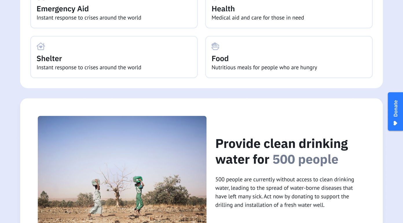 Two individuals in a dry landscape, working together to provide clean drinking water for 500 people, highlighted by a call to action for donations to support drilling and installation of a fresh water well.