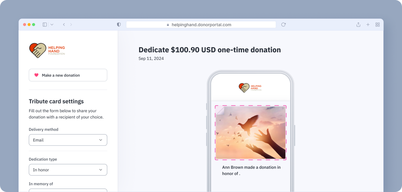 Donation confirmation page showing a mobile device displaying a message about a one-time donation of $100.90. The message includes a tribute to Ann Brown, with an image of hands releasing birds against a sunset background.