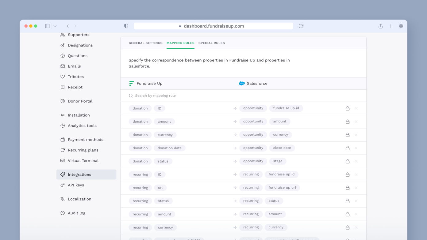 Mapping rules interface for Fundraise Up and Salesforce, showing correspondence between properties like donation ID, amount, and status. Includes options for integrations and settings on the left sidebar.