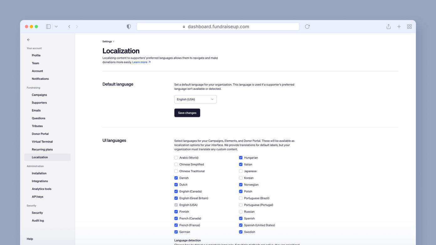 Localization settings page with options to select a default language and additional UI languages for an organization. Includes checkboxes for various languages such as English, Spanish, French, and more.