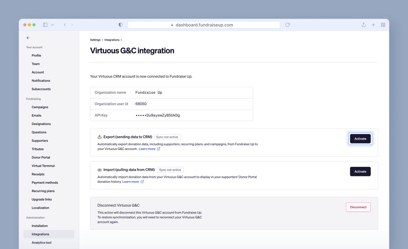 Settings page for Virtuous G&C integration with options to export and import data, including organization user ID and API key. Buttons to activate synchronization and disconnect from Virtuous G&C.