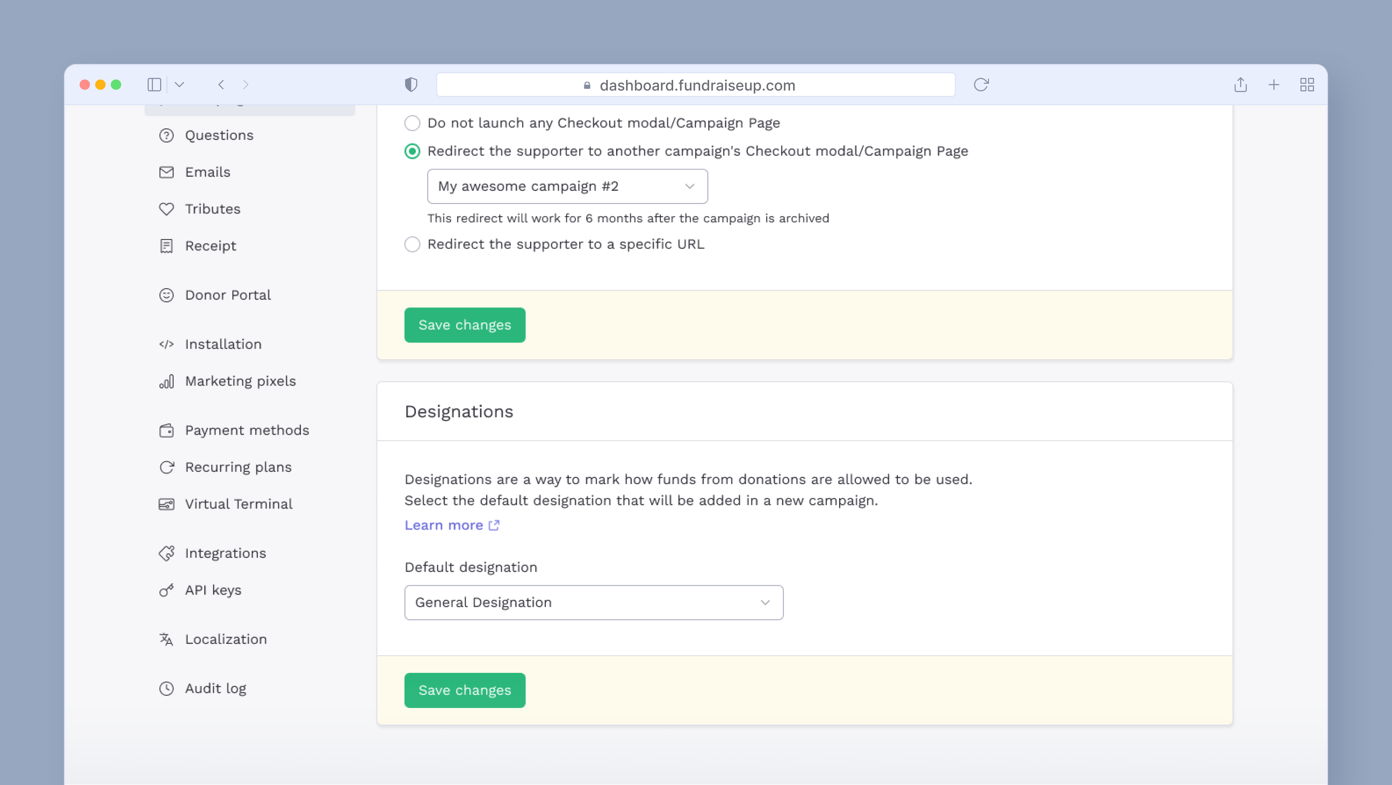 Settings page for a fundraising platform, featuring options to redirect supporters to another campaign or a specific URL, with fields for campaign selection and default designation. Buttons to save changes are present.