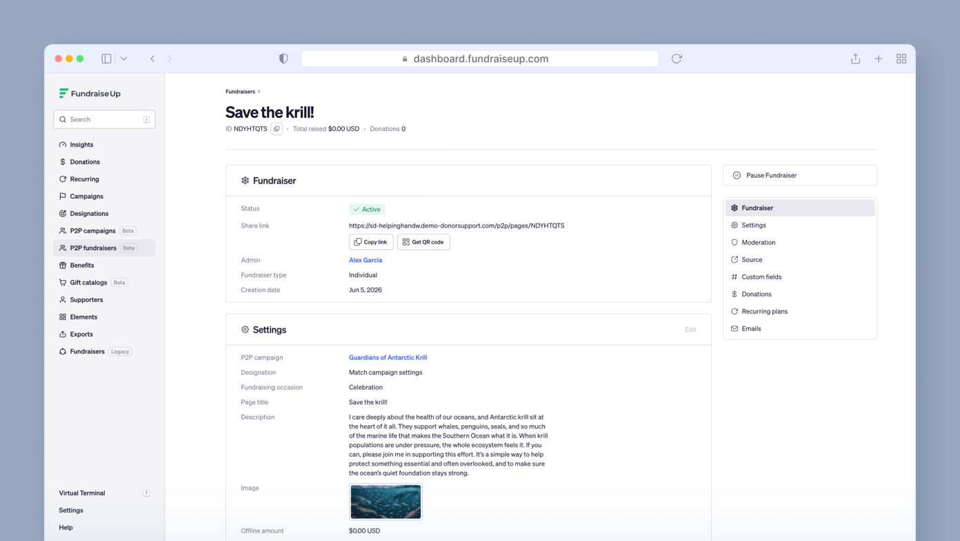 Fundraiser dashboard titled "Save the krill!" with status marked as active. It includes details like admin name, fundraiser type, and a description emphasizing the importance of krill for ocean health. Total raised: $900 USD.