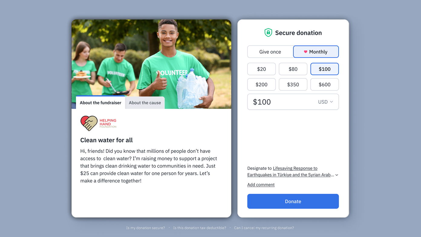 Fundraiser for clean water access, featuring volunteers holding water bottles. Donation options displayed on the right, with a suggested amount of $100. Text highlights the impact of donations on providing clean water to communities in need.