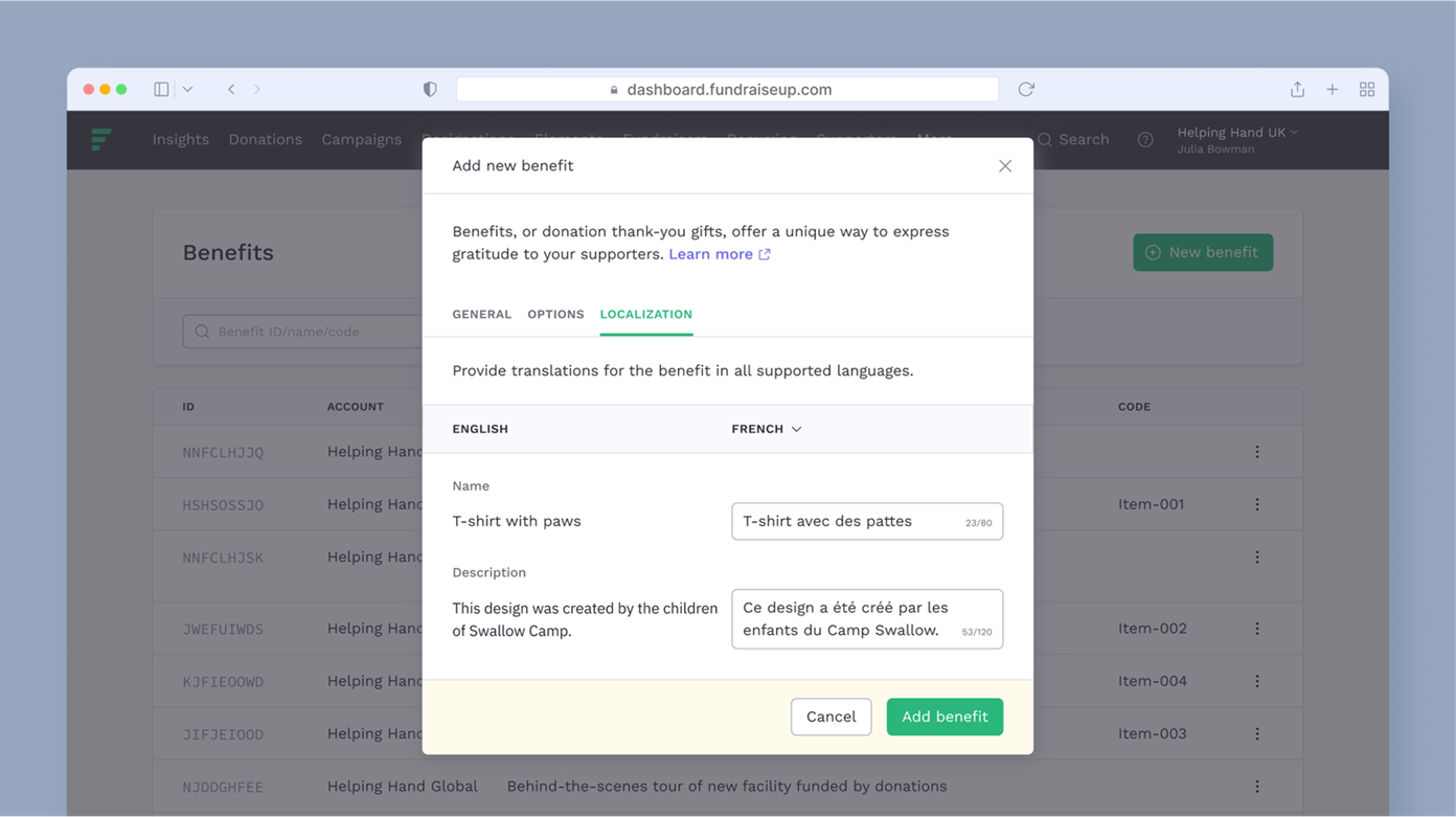 Add new benefit form for a fundraising platform, featuring fields for English and French translations of a T-shirt design description created by children from Swallow Camp. Options to cancel or add the benefit are also visible.