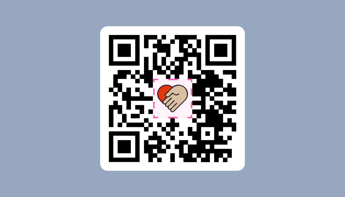 QR code with a central graphic of a hand holding a red heart, indicating a connection or support.