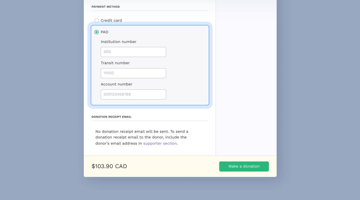 Payment method selection for PAD with fields for institution number, transit number, and account number. Total donation amount displayed as $103.90 CAD. Button to make a donation is highlighted in green.