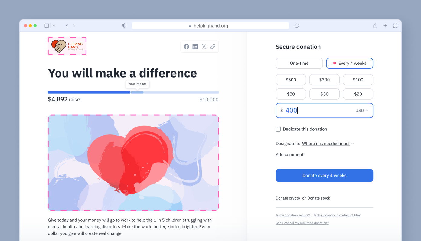Donation page showing $4,892 raised towards a $10,000 goal. Text encourages contributions to support children with mental health challenges. Options for donation amounts and frequency are displayed on the right, with a button to donate.