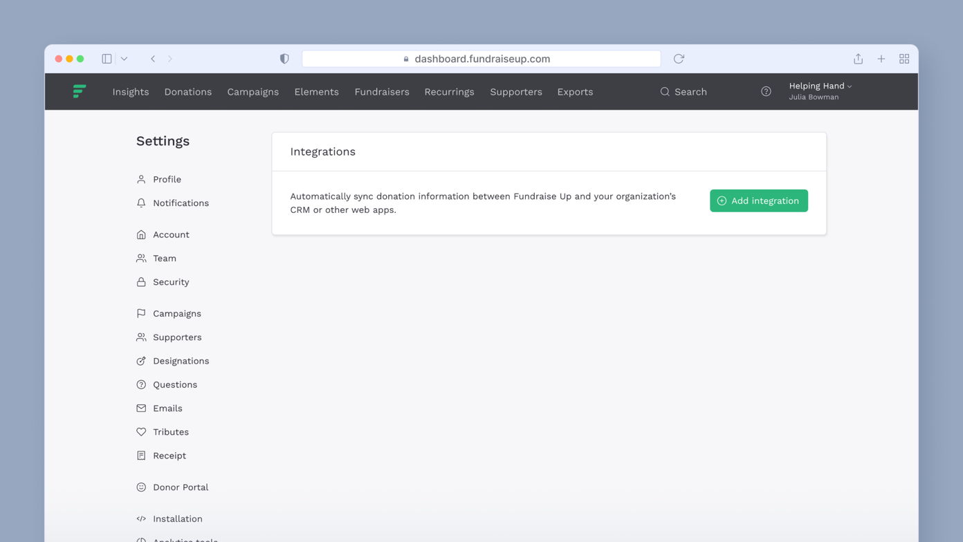 Settings menu for a fundraising dashboard, highlighting the "Integrations" section with a description of syncing donation information. A green "Add Integration" button is visible.