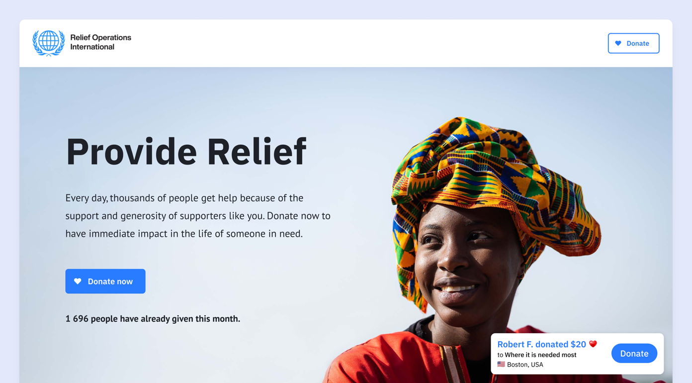 Smiling woman wearing a colorful headwrap, promoting donations for relief efforts. Text encourages support, stating that 1,696 people have donated this month. Includes a "Donate now" button.