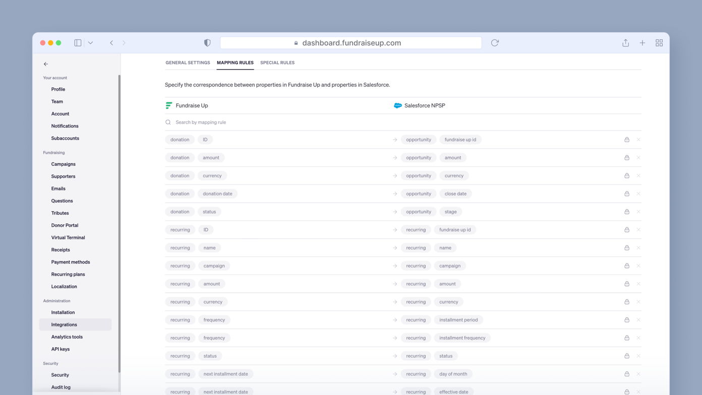 Mapping rules interface showing correspondence between properties in Fundraise Up and Salesforce, including fields like donation ID, amount, currency, and status.