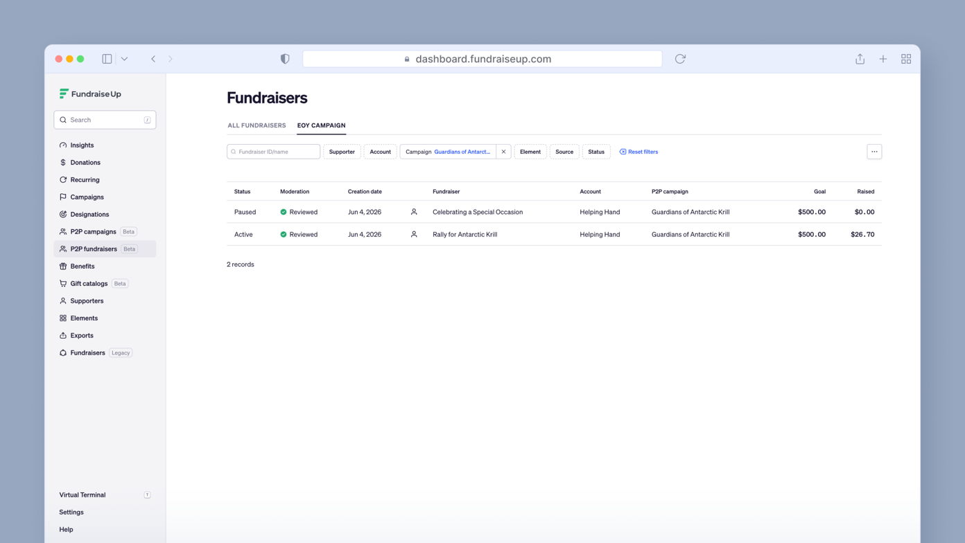 Fundraiser dashboard displaying two entries: one paused and reviewed, the other active and reviewed. Each entry includes status, creation date, fundraiser name, account type, goal amount, and raised amount.