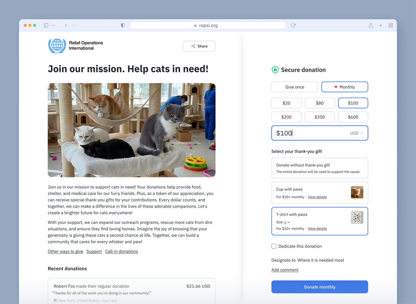 Three cats play on a cat tree in a shelter, while a person in blue clothing observes. The webpage invites donations to support cat care, with options for one-time or monthly contributions and thank-you gifts.