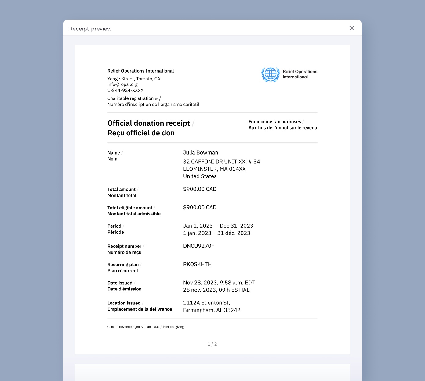 Official donation receipt from Relief Operations International for Julia Bowman, totaling $900.00 CAD, valid for tax purposes. Includes donation period, receipt number, and issuing location details.