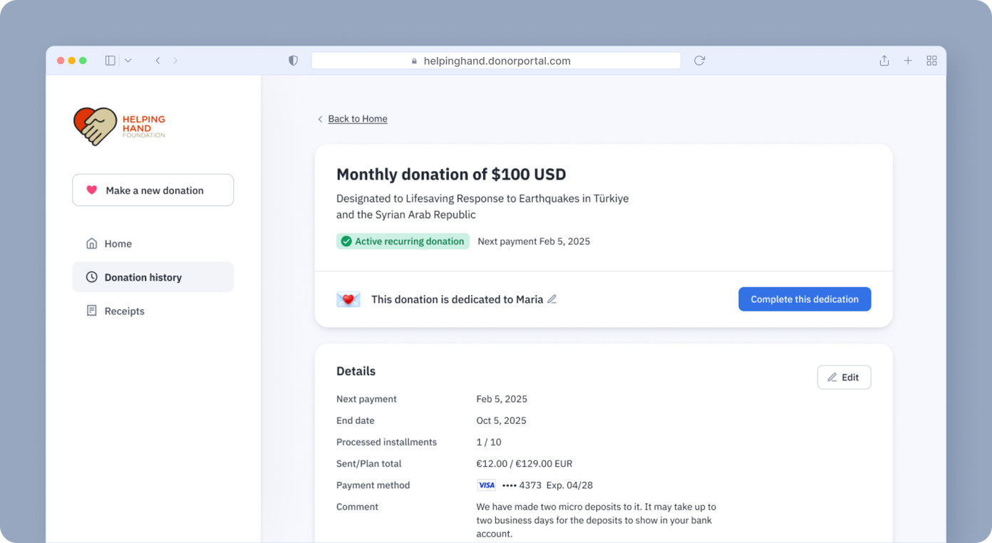 Monthly donation summary of $100 USD for earthquake response in Türkiye and Syria, with details on next payment, installment plan, and dedicated recipient named Maria. Options to edit or complete the dedication are available.