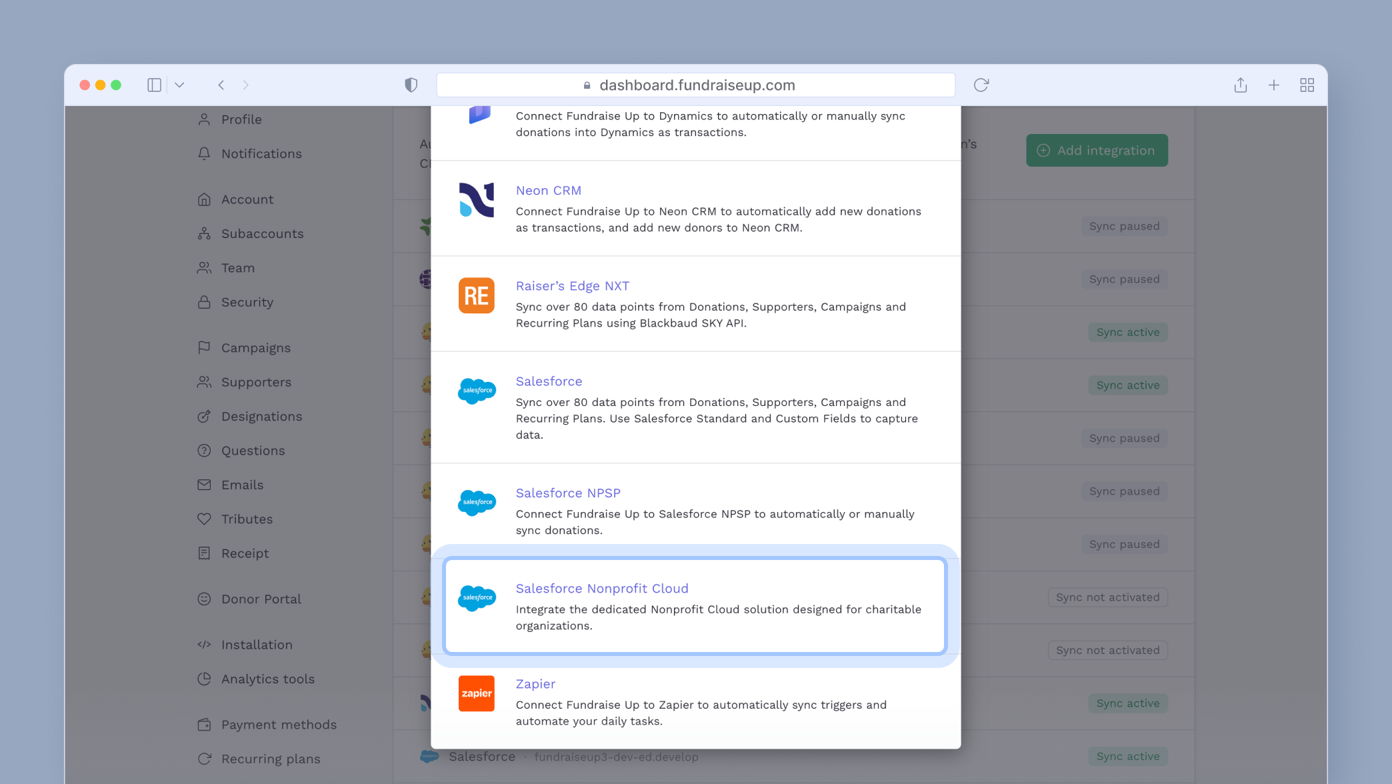 Integration options for Fundraise Up, including Salesforce Nonprofit Cloud, Neon CRM, and Zapier, with descriptions of their functions for managing donations and data synchronization.
