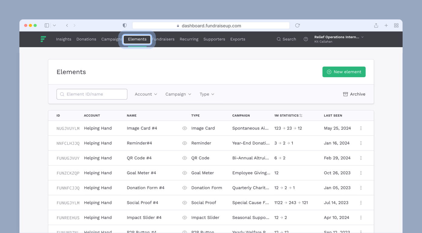 Elements dashboard displaying a table with columns for ID, Account, Name, Type, Campaign, 1M Statistics, and Last Seen. The "Elements" tab is highlighted, and a "New element" button is visible on the right.