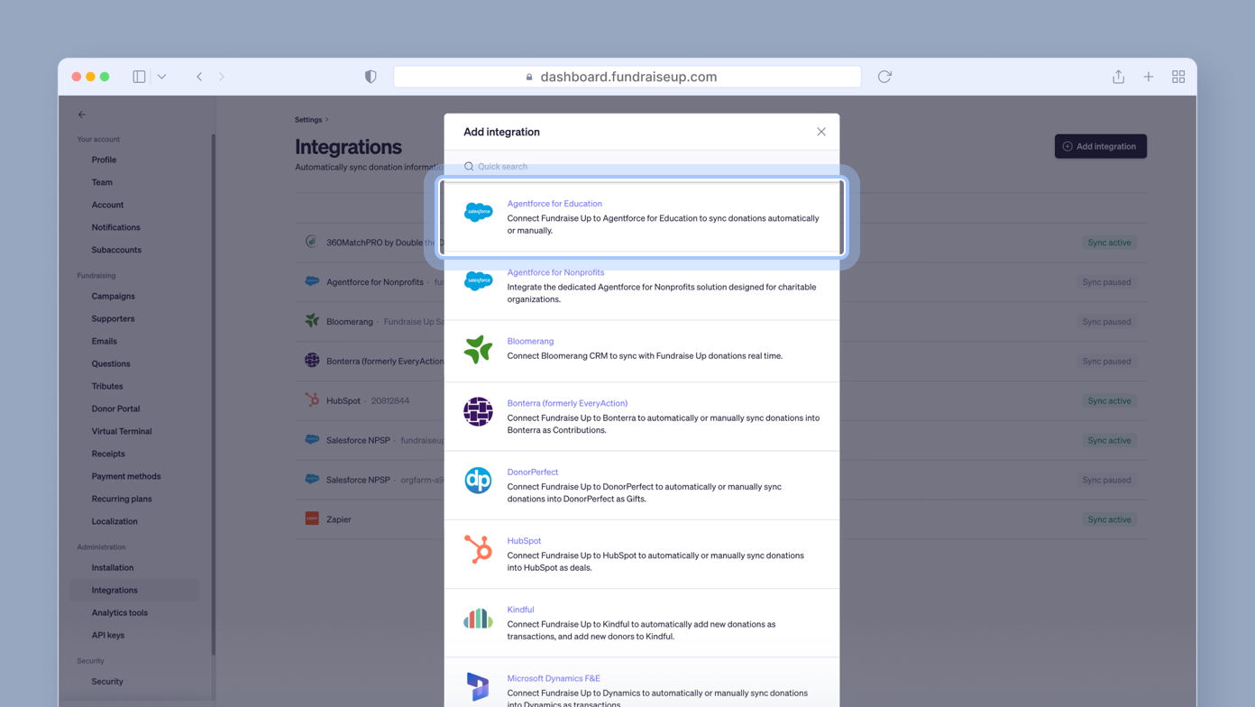 Dropdown menu displaying integration options for Fundraise Up, including "Agent for Education" and "Bloomering," with descriptions of their functions for syncing donations.