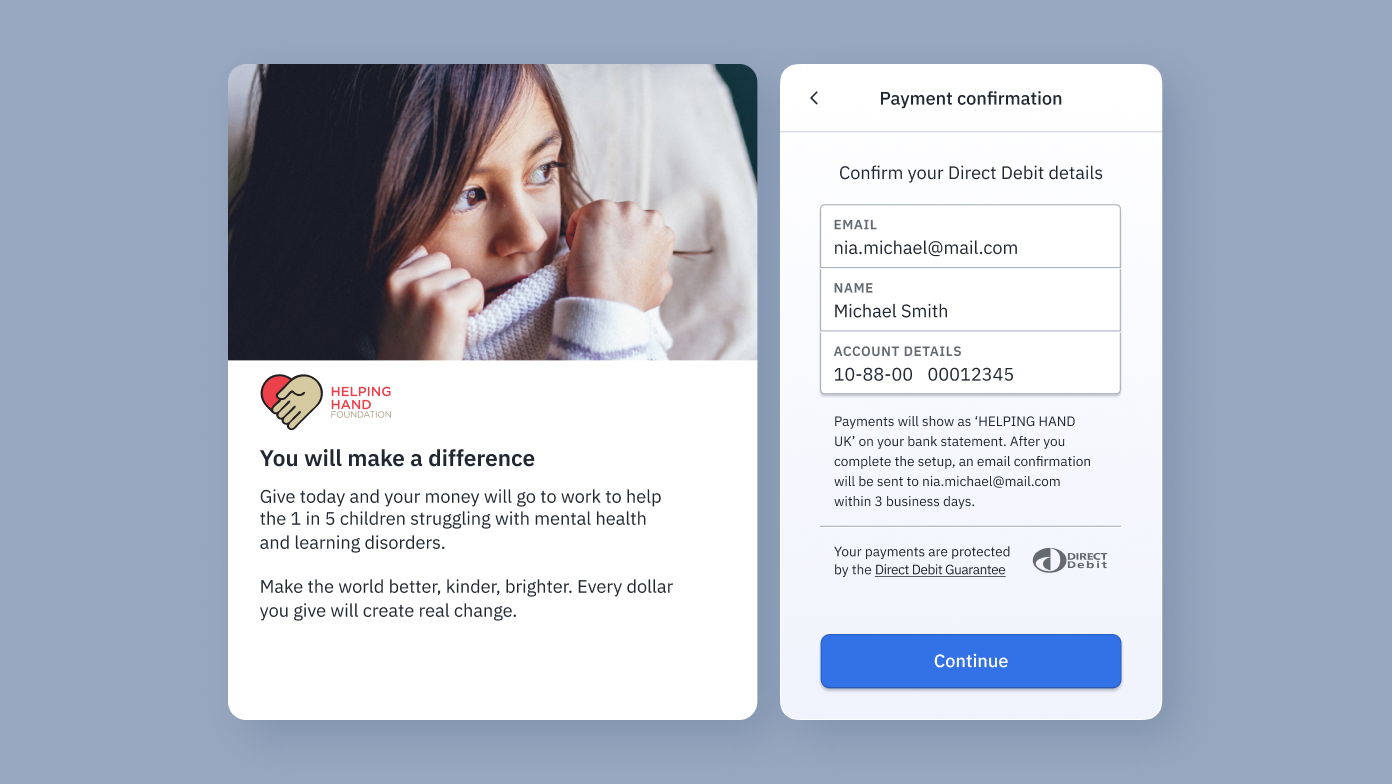 A donation prompt from Helping Hand Foundation, encouraging support for children with mental health and learning disorders. The right side shows a payment confirmation form with fields for email, name, and account details, along with a "Continue" button.