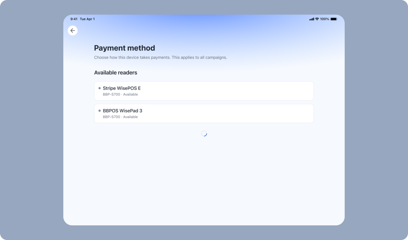 Payment method selection screen showing two available readers: Stripe WisePOS E and BBPOS WisePad 3, both listed as available. A loading indicator is present.