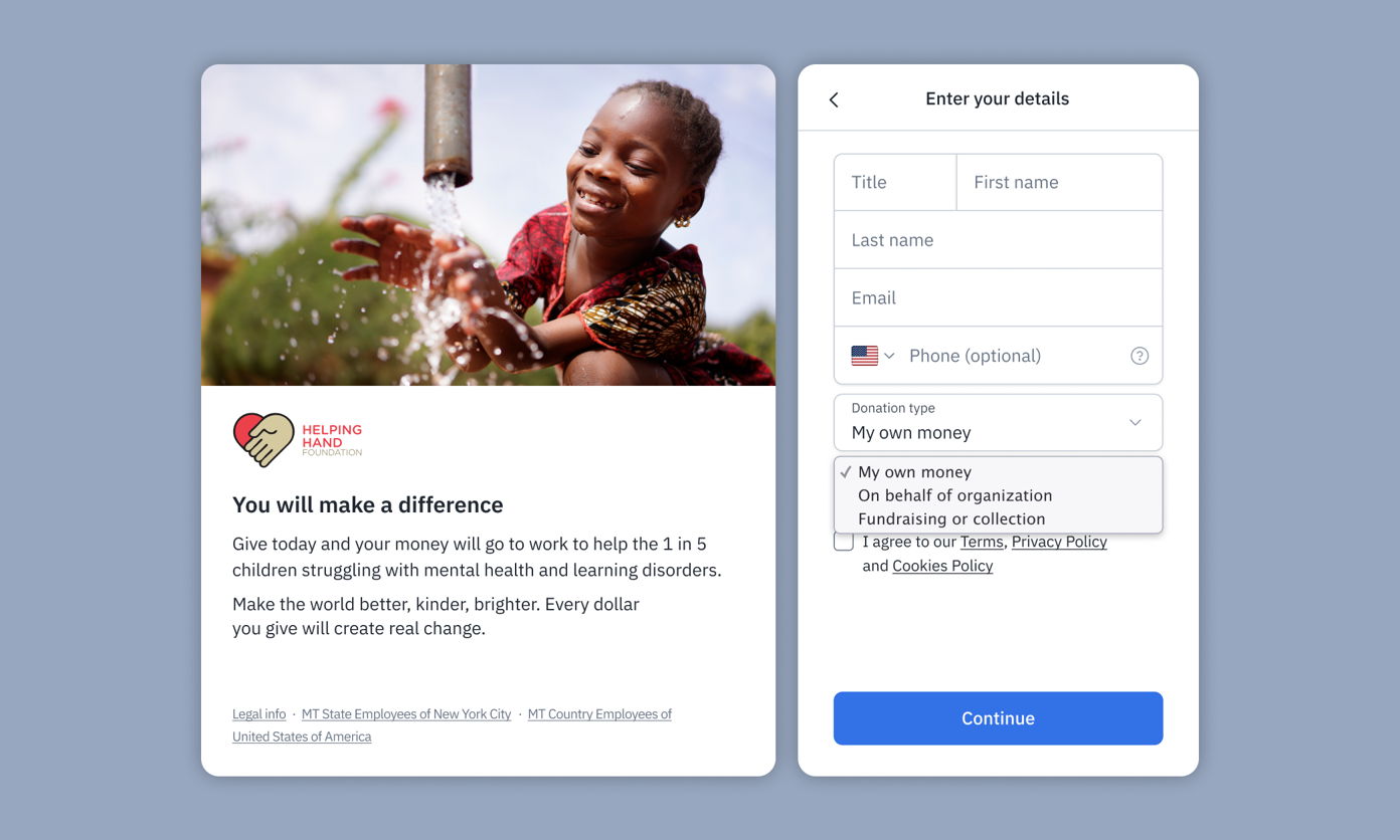 A smiling child plays with water from a well, promoting a donation campaign for children's mental health. The right side shows a form for entering personal details and selecting a donation type.