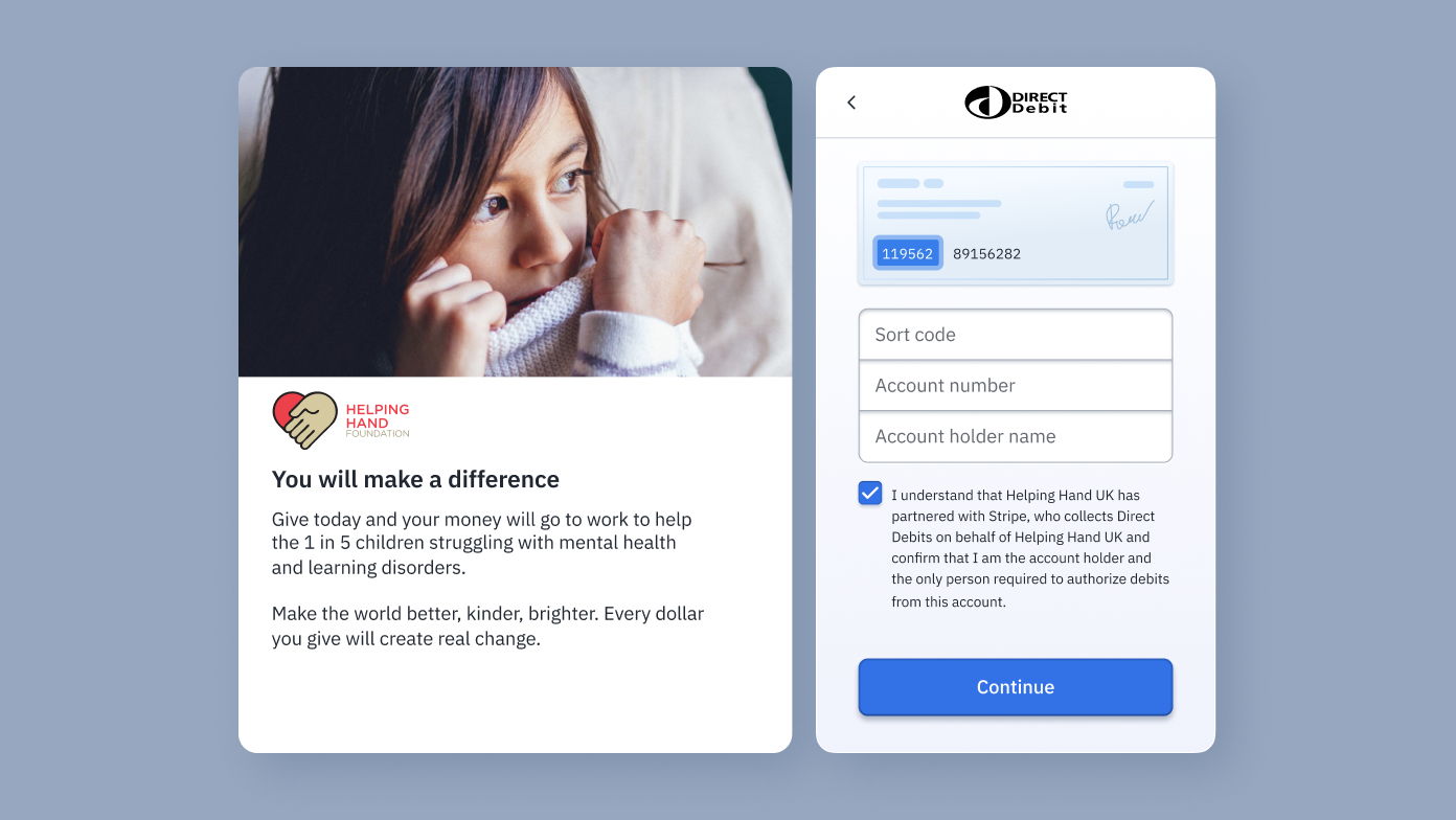 Donation prompt for Helping Hand Foundation, highlighting support for children with mental health and learning disorders. Includes a direct debit form with fields for sort code, account number, and account holder name, and a "Continue" button.